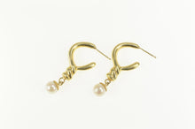 Load image into Gallery viewer, 14K Pearl Dangle Twist Puffy Statement Hoop Earrings Yellow Gold