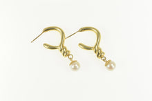 Load image into Gallery viewer, 14K Pearl Dangle Twist Puffy Statement Hoop Earrings Yellow Gold