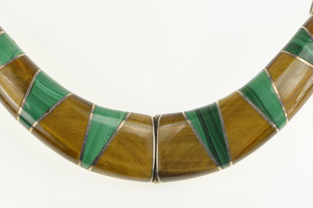 Sterling Silver Tiger's Eye Malachite Inlay Squared Collar Necklace 17