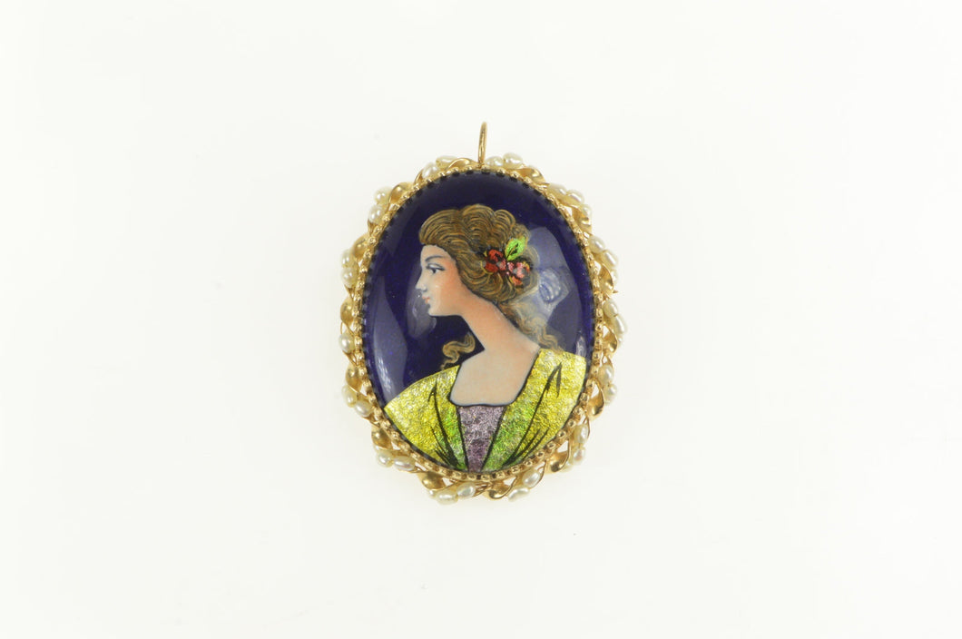 14K French Ceramic Painted Lady Seed Pearl Pin/Brooch Yellow Gold