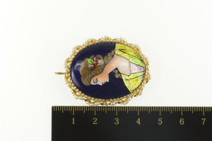 14K French Ceramic Painted Lady Seed Pearl Pin/Brooch Yellow Gold