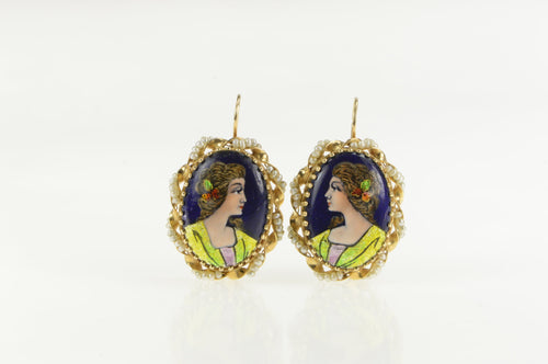 14K French Ceramic Painted Lady Seed Pearl Earrings Yellow Gold