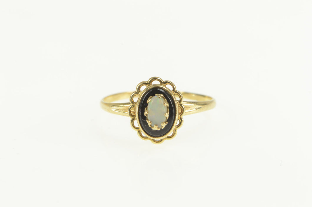 14K Oval Black Onyx Opal Scalloped Trim Statement Ring Yellow Gold