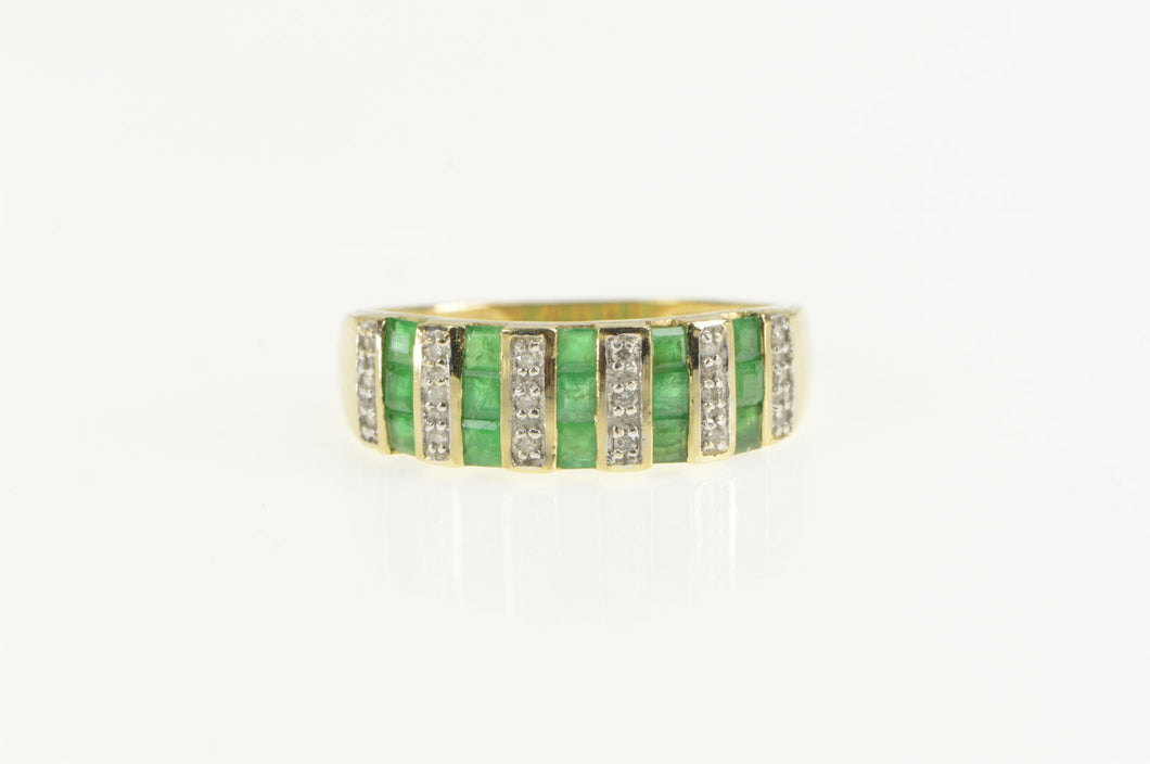 14K Princess Cut Emerald Diamond Statement Band Ring Yellow Gold