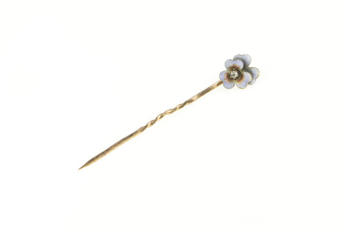 14K Victorian Diamond Flower Purple Pansy Stick Pin Yellow Gold