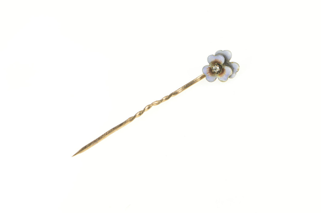 14K Victorian Diamond Flower Purple Pansy Stick Pin Yellow Gold