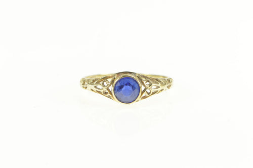 10K Art Deco Filigree Syn. Sapphire Engagement Ring Yellow Gold