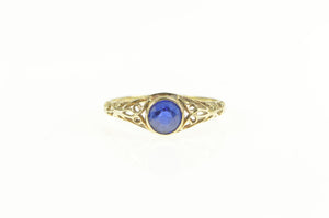 10K Art Deco Filigree Syn. Sapphire Engagement Ring Yellow Gold