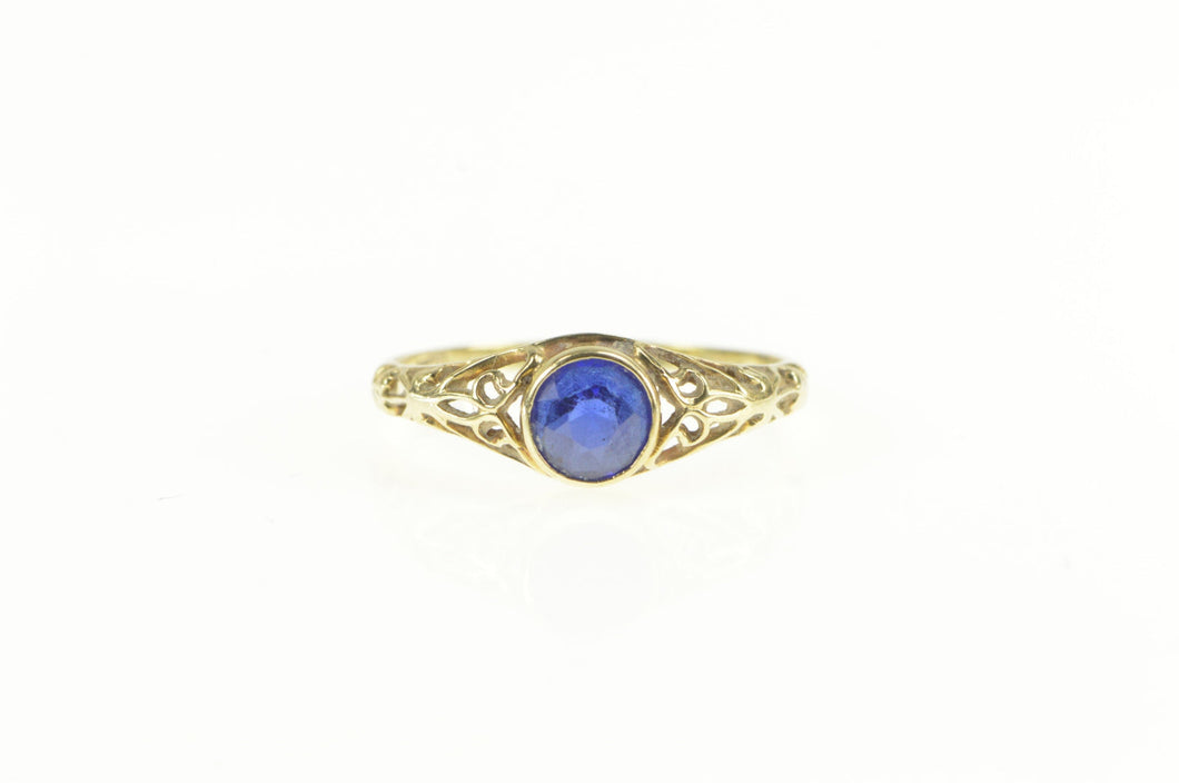 10K Art Deco Filigree Syn. Sapphire Engagement Ring Yellow Gold