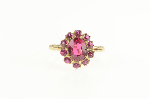 10K Victorian Oval Syn. Ruby Halo Classic Ring Yellow Gold