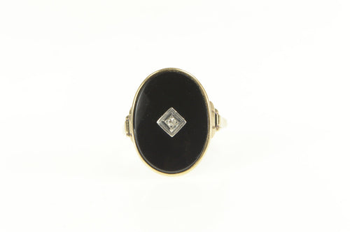 10K Retro Ornate Black Onyx Diamond Overlay Ring Yellow Gold