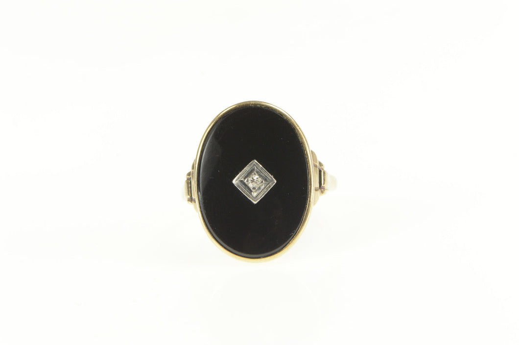 10K Retro Ornate Black Onyx Diamond Overlay Ring Yellow Gold