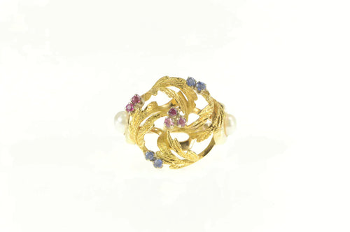 14K 1960's Ruby Sapphire Pearl Cluster Cocktail Ring Yellow Gold