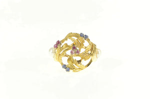 14K 1960's Ruby Sapphire Pearl Cluster Cocktail Ring Yellow Gold