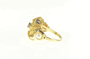 14K 1960's Ruby Sapphire Pearl Cluster Cocktail Ring Yellow Gold