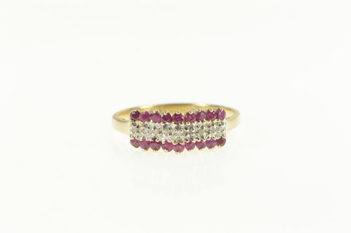 10K Ruby Diamond Tiered Squared Statement Band Ring Yellow Gold
