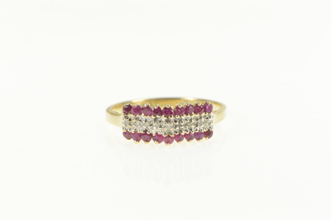 10K Ruby Diamond Tiered Squared Statement Band Ring Yellow Gold
