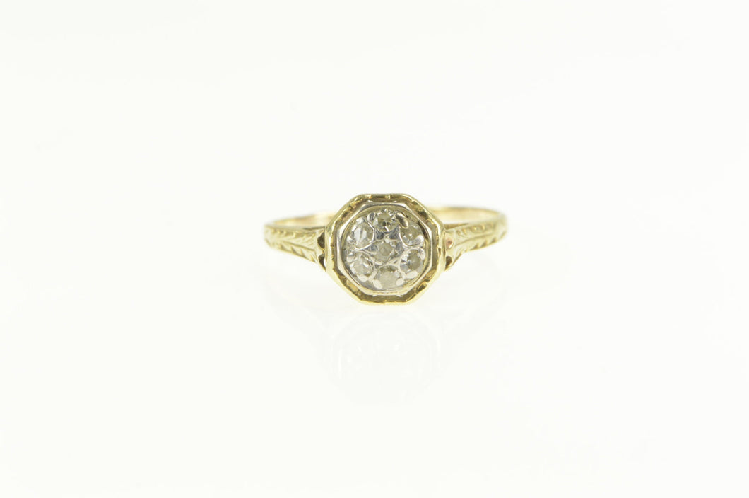 14K Art Deco Diamond Cluster Engagement Filigree Ring Yellow Gold