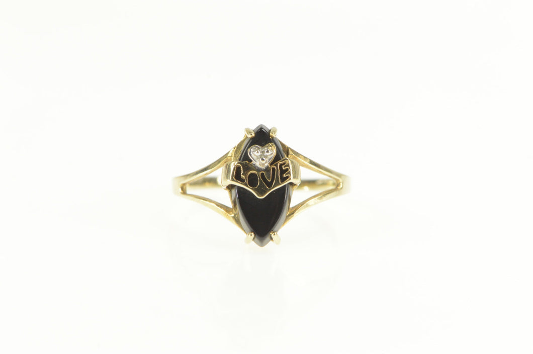 10K Black Onyx Diamond Love Banner Cut Out Ring Yellow Gold