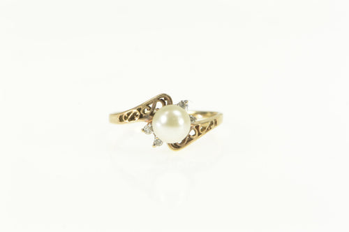 10K Pearl Diamond Retro Scroll Filigree Bypass Ring Yellow Gold