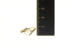 10K Pearl Diamond Retro Scroll Filigree Bypass Ring Yellow Gold