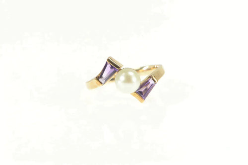10K Pearl Baguette Amethyst Ornate Bypass Ring Yellow Gold