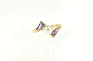 10K Pearl Baguette Amethyst Ornate Bypass Ring Yellow Gold
