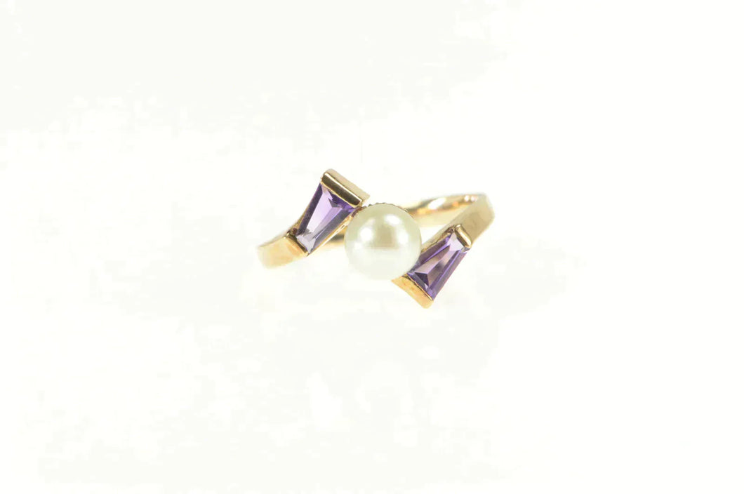 10K Pearl Baguette Amethyst Ornate Bypass Ring Yellow Gold