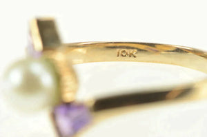 10K Pearl Baguette Amethyst Ornate Bypass Ring Yellow Gold