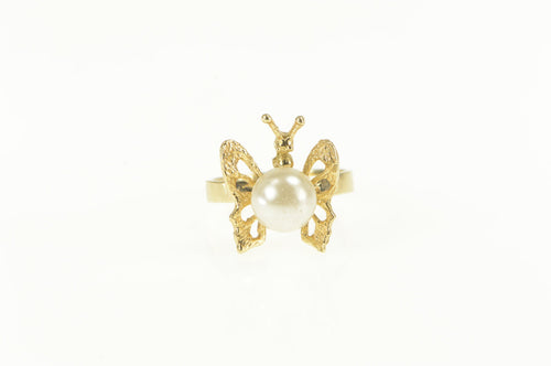 14K Pearl 3D Butterfly Change Symbol Statement Ring Yellow Gold