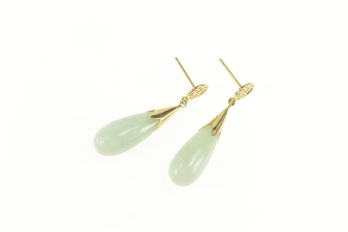 14K Jade Tear Drop Chinese Character Dangle Earrings Yellow Gold