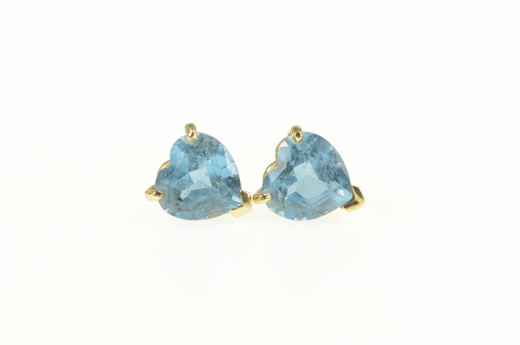 14K Heart Blue Topaz Love Symbol Classic Stud Earrings Yellow Gold