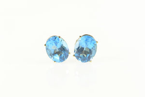 14K Oval Blue Topaz Solitaire Classic Stud Earrings Yellow Gold