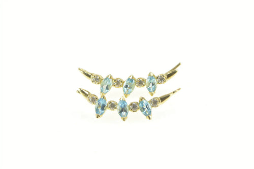14K Marquise Blue Topaz Curved CZ Drop Dangle Earrings Yellow Gold