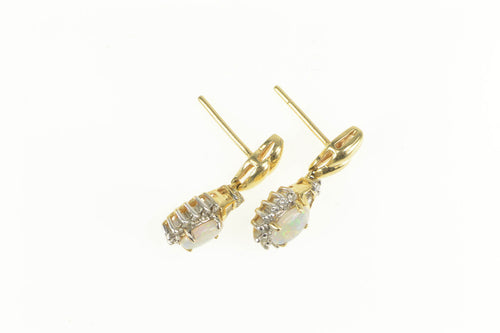 14K Oval Natural Opal Diamond Halo Dangle Earrings Yellow Gold