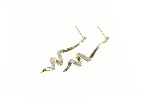 10K Diamond Inset Curvy Twist Dangle Statement Earrings Yellow Gold