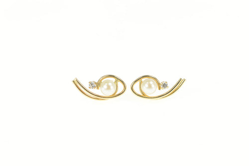 14K Retro Pearl Diamond Accent Curved Stud Earrings Yellow Gold