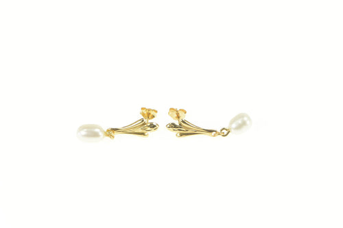 14K Pearl Dangle Scalloped Trim Statement Stud Earrings Yellow Gold