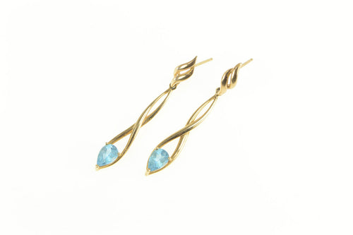 14K Pear Blue Topaz Solitaire Dangle Twist Drop Earrings Yellow Gold