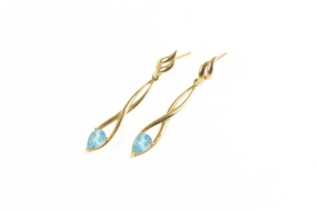 14K Pear Blue Topaz Solitaire Dangle Twist Drop Earrings Yellow Gold
