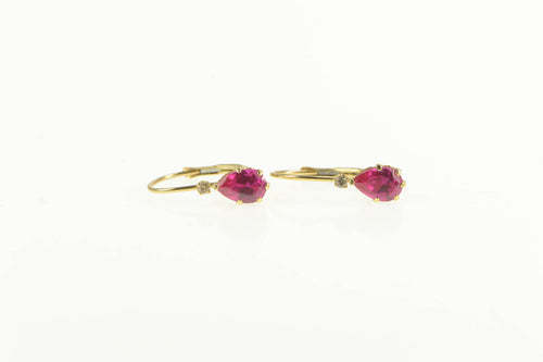 14K Oval Ruby Diamond Dangle Lever Back Earrings Yellow Gold