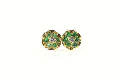 14K Emerald Flower Diamond Accent Stud Earrings Yellow Gold