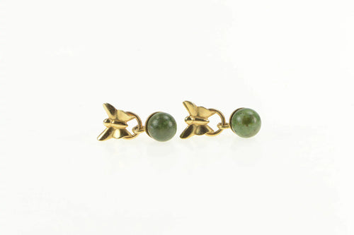 14K Retro Butterfly Nephrite Sphere Ball Dangle Earrings Yellow Gold