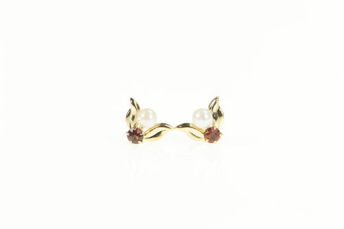 10K Pearl Ruby Accent Leaf Cluster Stud Earrings Yellow Gold