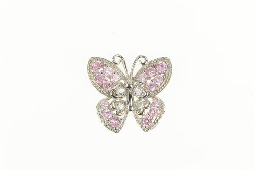 10K Pink & White CZ Encrusted Butterfly Fashion Pendant White Gold