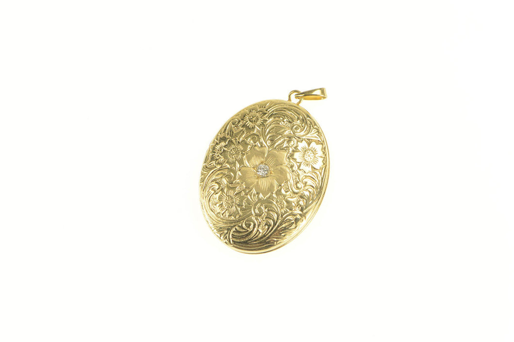 14K Ornate Engraved Floral Diamond Photo Locket Pendant Yellow Gold