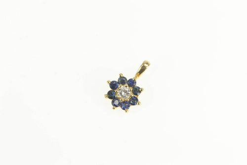 14K Diamond Sapphire Halo Flower Cluster Pendant Yellow Gold