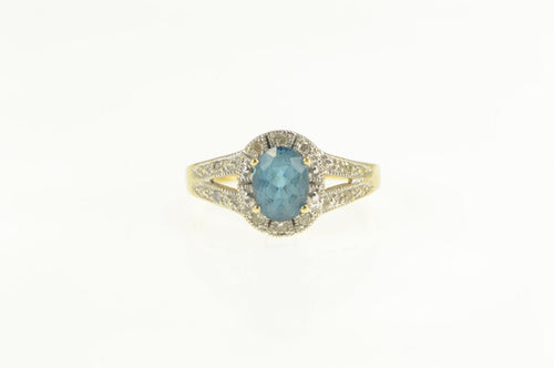 14K Oval Blue Topaz Diamond Halo Engagement Ring Yellow Gold