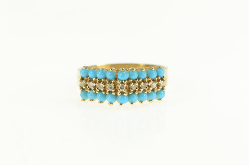14K Turquoise Diamond Squared Statement Band Ring Yellow Gold