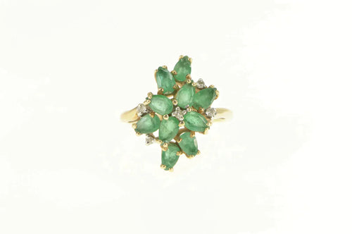 14K Marquise Natural Emerald Diamond Cluster Ring Yellow Gold